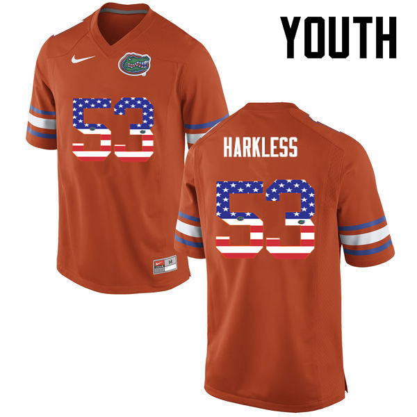 Youth Florida Gators #53 Kavaris Harkless College Football USA Flag Fashion Jerseys-Orange